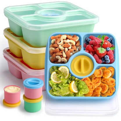 Bento Snack Box Containers for Adults Kids, 4 Pack Lunchable Meal Prep Containers Reusable, Stackable Bento Lunch Box, Food Storage Prep Containers with Lids and 4 Sauce Cups, Pastel Color, Clear Lid - color: Pastel, Clear Lid