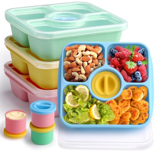 Bento Snack Box Containers for Adults Kids, 4 Pack Lunchable Meal Prep Containers Reusable, Stackable Bento Lunch Box, Food Storage Prep Containers with Lids and 4 Sauce Cups, Pastel Color, Clear Lid - color: Pastel, Clear Lid
