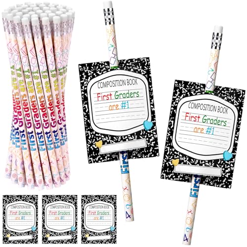 Tenceur 24 Set/48 Pcs Back to School 1st Graders Pencils and Cards Set, First Grade Motivational Wooden Pencil with Erasers, Composition Book Greeting Note for Student Classroom Reward Gift - style: 1st Graders