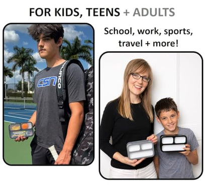 Small Snack Containers for Kids Teens - 3 Compartments (Set of 2) - Leak-Proof Boxes with Lids -BPA-Free Plastic Mini Bento Lunch Box - Ideal for School, Boys & Girls, Holds 2 Cups (Black + Gray) - color: Grey Black MINI 2pk
