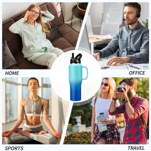 32oz Insulated Water Bottle - with Straw & Spout Lid, Strap Carrier Bag, Cold-48H & Hot-24H, Stainless Steel Travel Tumblers with Handle, Reusable Slim Water Bottle that Fits in Cup Holder - color: Mint&Cobalt, size: 32 ounces with handle