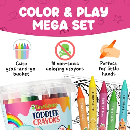 TinyGeeks Jumbo Crayons For Toddlers 3-8 - 18pc Toddler Baby Crayons For Kids Ages 4-8 & 3-4 - With Printed Coloring Sheets - Washable, Non Toxic and Easy To Hold - Perfect for Classroom