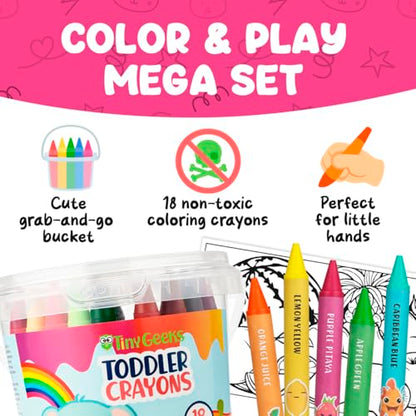 TinyGeeks Jumbo Crayons For Toddlers 3-8 - 18pc Toddler Baby Crayons For Kids Ages 4-8 & 3-4 - With Printed Coloring Sheets - Washable, Non Toxic and Easy To Hold - Perfect for Classroom