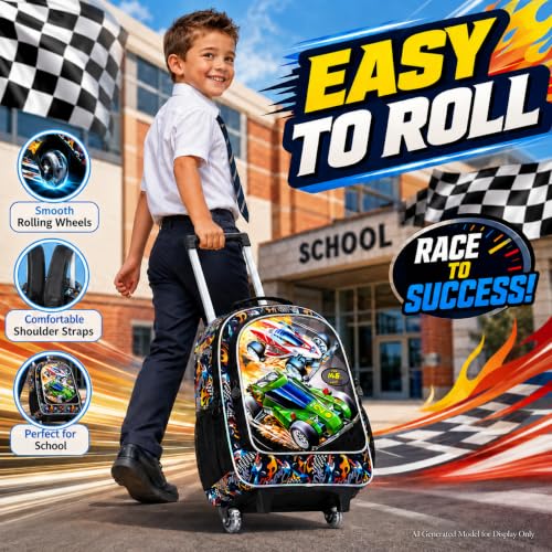 CCJPX 3Pcs Racing Car Rolling Backpack for Boys, 18" Kids Wheeled Bookbag with Lunch Box, Lightweight Roller School Bag for Elementary Preschool(Black) - color: Red Green Race Car