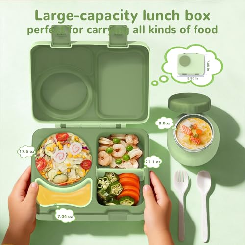 Bento Box for Kids, Leakproof Kids Bento Lunch Box Container with 8oz Insulated Thermo Food Jar, Sauce Jar, Utensil, DIY Stickers for School Boys Girls, 3-4 Compartments, BPA-Free - color: Pale Grass Green