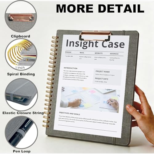 Grey Foldable Spiral Clipboard Folio with Storage Zipper Pouch, 5 Plastic Folders with Pockets,Refillable Lined Notepad (8.5" x 11"), Hardcover Project Organizer with 39 Stickers - color: Gray