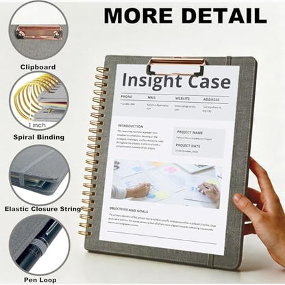 Grey Foldable Spiral Clipboard Folio with Storage Zipper Pouch, 5 Plastic Folders with Pockets,Refillable Lined Notepad (8.5" x 11"), Hardcover Project Organizer with 39 Stickers - color: Gray