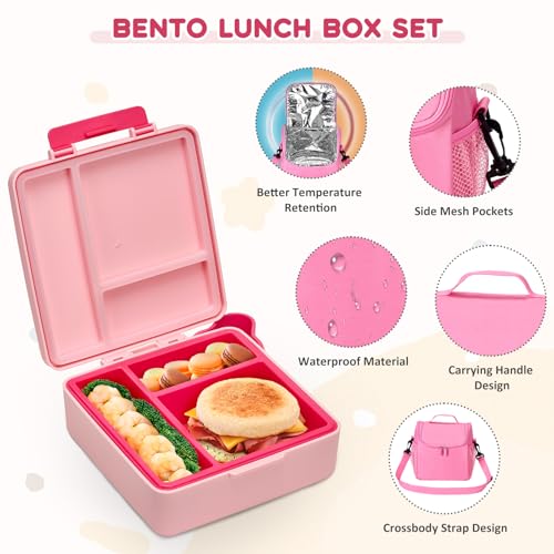 Pawtong Lunch Box Set with Bento Box Container, 17OZ Stainless Steel Food Soup Thermo, Kids Water Bottle & Portable Insulated Lunch Bag – Leakproof, Hot/Cold Retention for School, Travel(Pink) - color: Pink