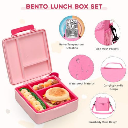 Pawtong Lunch Box Set with Bento Box Container, 17OZ Stainless Steel Food Soup Thermo, Kids Water Bottle & Portable Insulated Lunch Bag – Leakproof, Hot/Cold Retention for School, Travel(Pink) - color: Pink