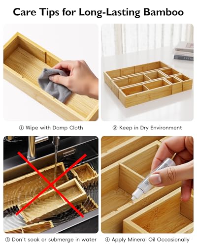 Bamboo Drawer Organizer Set, 6 PCS Desk Drawer Organizer Trays with 12 Compartments, Wood Storage Boxes for Junk Drawer, Kitchen Utensils, Office Supplies, Makeup, Jewelry, Bathroom - size: 12 Compartments
