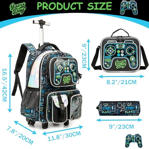 Rolling Backpack Boys Kids Backpacks with Wheels 3PCS School Back Pack with Lunch Box Bookbag Preschool Senior Kid Year Book Bag Kindergarten Gamepad - color: Gamepad