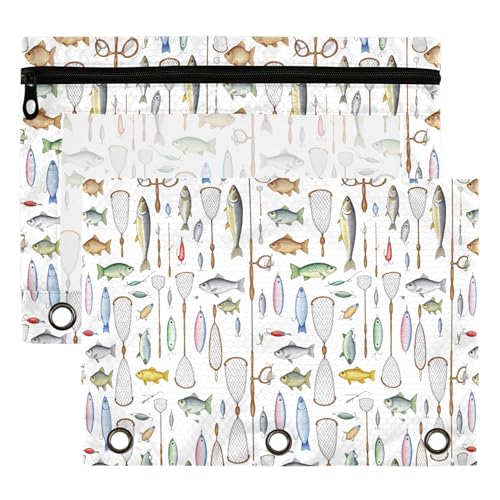 Deep Sea Fish Binder Pouches 3 Ring for Boys Girls School Office College Supplies Nautical Theme Ocean Coastl Pencil Pouches Case Bag with Clear Window and Zipper 2 Pack - color: Fish
