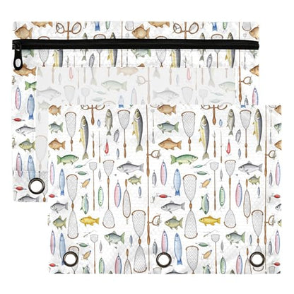 Deep Sea Fish Binder Pouches 3 Ring for Boys Girls School Office College Supplies Nautical Theme Ocean Coastl Pencil Pouches Case Bag with Clear Window and Zipper 2 Pack - color: Fish