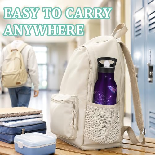 Insulated Water Bottle,Flying Butterflies 20 oz Stainless Steel Water Bottles with Straw Lid,Purple Leak Resistant Double Insulated Flask with Handle,Fits Cup Holder,Keeps Drinks Cold - color: Flying Butterflies,Purple