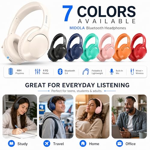 MIDOLA Bluetooth Headphones Over Ear, 68H Playtime Wireless Headphones with Microphone, 6 EQ Modes, HiFi Stereo Deep Bass, Foldable Lightweight Headset for Home Office, Cellphone, PC, White - color: Milk White