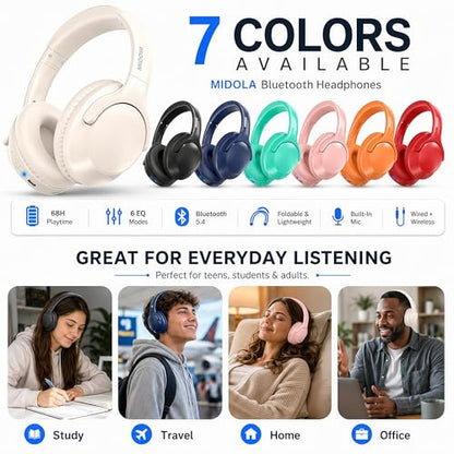 MIDOLA Bluetooth Headphones Over Ear, 68H Playtime Wireless Headphones with Microphone, 6 EQ Modes, HiFi Stereo Deep Bass, Foldable Lightweight Headset for Home Office, Cellphone, PC, White - color: Milk White