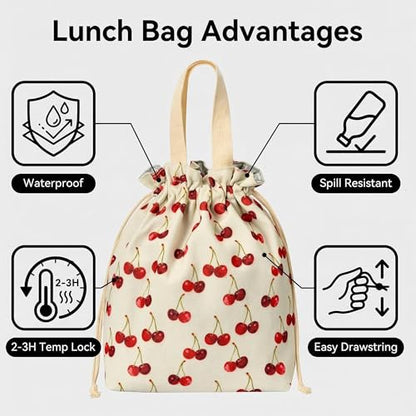 Solid Color & Fruit Print Lunch Bag, Insulated Leakproof Drawstring Pouch with 5mm Anti-Sag Base for Adult Work Commute Picnic (Cherry Fruit Print) - color: Cherry Fruit Print