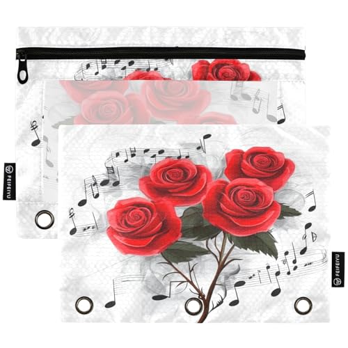 Studying 2 Pack Art Music Notes Red Rose Flowers 3 Ring Binder Pencil Pouch Bags,Clear Window Zipper Storage Case for Boys Girls School Office Supplies Cosmetics Organizers - color: Multi-rose