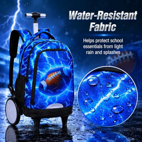 KLFVB Big Quiet-Glide Wheels Rolling School Backpack, 3-in-1 Roller Bag Set with Lunch Bag | Water-Resistant Wheeled Bookbag for Boys, Travel, Play - Lightning Rugby - color: Rolling Backpack With Big Wheels - Lightning Rugby