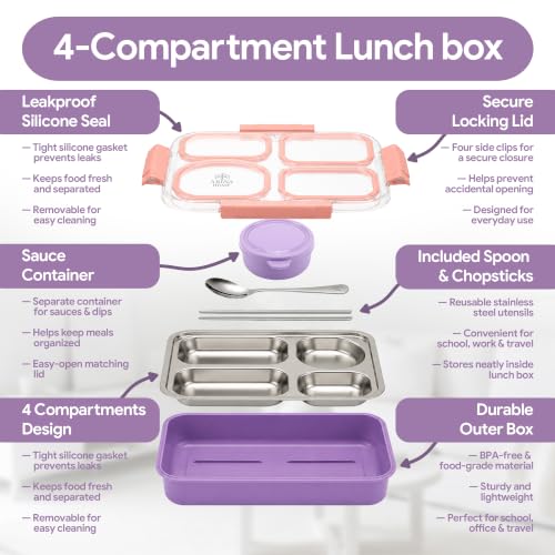 Large 10 x 7.5" Stainless Steel Bento Lunch Box with 4 Compartments Leakproof Lid BPA-Free 304 Stainless Steel Food Container That Keeps Food Separate for Adults and Kids School Office and Travel,Pink - color: Pink