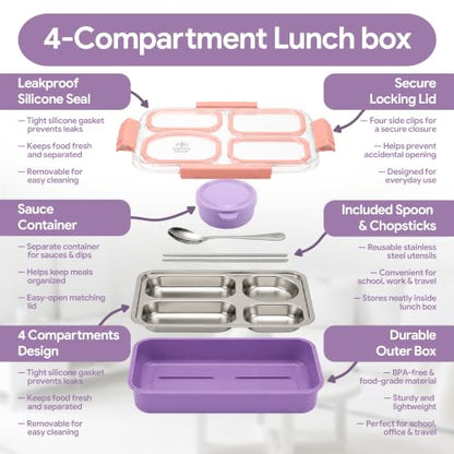 Large 10 x 7.5" Stainless Steel Bento Lunch Box with 4 Compartments Leakproof Lid BPA-Free 304 Stainless Steel Food Container That Keeps Food Separate for Adults and Kids School Office and Travel,Pink - color: Pink