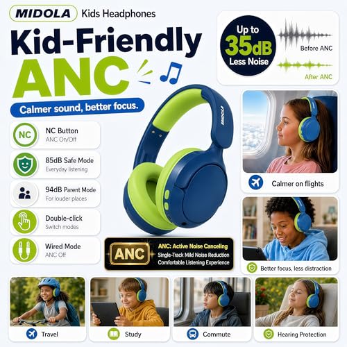 Kids Bluetooth Headphones Active Noise Cancelling,68H Play Time,Lightweight Wireless Foldable Over-Ear Headphone for Kid Toddler,Volume Limited 85/94dB,Headsets with Built-in Mic Blue - color: Deep Blue
