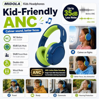 Kids Bluetooth Headphones Active Noise Cancelling,68H Play Time,Lightweight Wireless Foldable Over-Ear Headphone for Kid Toddler,Volume Limited 85/94dB,Headsets with Built-in Mic Blue - color: Deep Blue