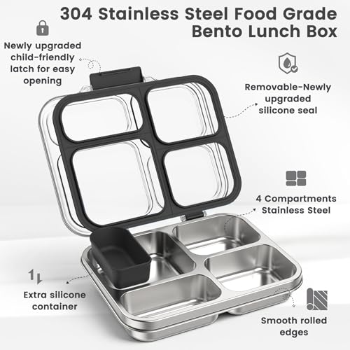 Stainless Steel Bento Box for Kids Adults with Silicone Container, Leak Proof 4 Compartments Metal Lunch Box, Removable Silicone Seal & Clear Lid Food Container for School Office, BPA-Free(Black) - color: Black