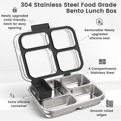Stainless Steel Bento Box for Kids Adults with Silicone Container, Leak Proof 4 Compartments Metal Lunch Box, Removable Silicone Seal & Clear Lid Food Container for School Office, BPA-Free(Black) - color: Black