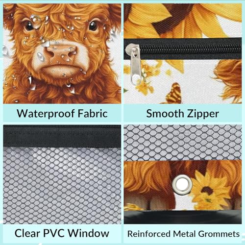 Sunflower Highland Cow Pencil Pouch for 3 Ring Binder Cattle Butterfly Pencil Case Bag with Clear Window Zipper Pockets for Kids Girls Boys Students School College Supplies 2 Pack