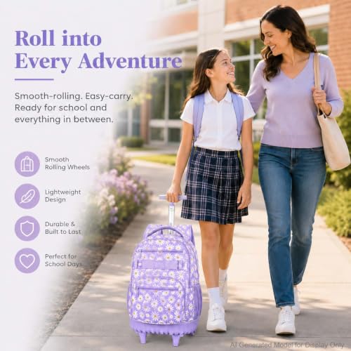 gxtvo Girls Rolling Backpack, Women Roller Bookbag with Lunch Box for Adults, Water Resistant Wheeled School Bag for College Teens Kids Travel - Purple Flower - color: Chrysanthemum Purple