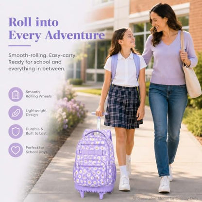 gxtvo Girls Rolling Backpack, Women Roller Bookbag with Lunch Box for Adults, Water Resistant Wheeled School Bag for College Teens Kids Travel - Purple Flower - color: Chrysanthemum Purple