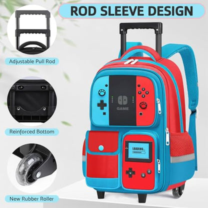 TILYTADLY Kids Rolling Backpack for Boys - 3PCS Gamer Boys Rolling Backpack with Lunch Box Set, Wheeled Travel Bookbag for Elementary Middle School, Lightweight Roller School Bag - color: red-blue-Backpack set