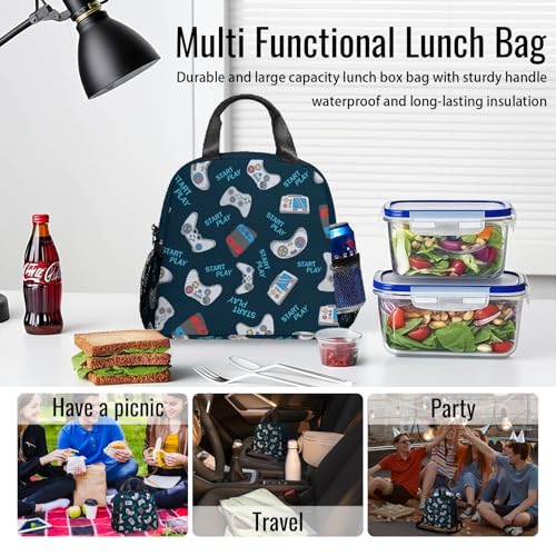 Game Lunch Bag Reusable Insulated Lunch Box Large Capacity Meal Tote for Kids Boys Girls Cooler Bag Waterproof Adjustable Shoulder Strap Gamer Lunch Tote for Work School Picnic Travel Hiking - color: Game04