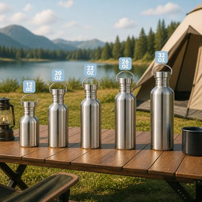Volhoply 20oz Uninsulated Single Walled Water Bottle 4 Pack, Stainless Steel Reusable Water Bottles with Handle, BPA Free & Plastic Free 18/8 304 Metal Water Bottles for Camping, Hikers, Cyclists - size: 20 Ounces