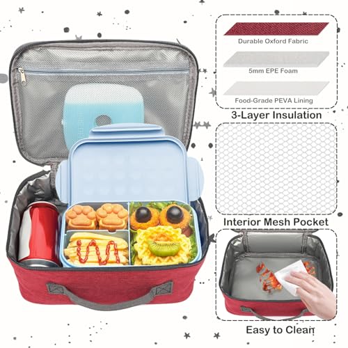 FlowFly Kids Lunch box Insulated Soft Bag Mini Cooler Back to School Thermal Meal Tote Kit for Girls, Boys,Women,Men, Deep Red - color: Deep Red