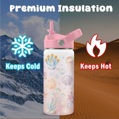 Hiboss Ocean Gifts for Kids, 16oz Pink Girls Water Bottle with Straw Lid, Stainless Steel Insulated Beach Cup Tumbler, Marine Life Lovers Birthday Gifts for School Sport Travel - color: Ocean