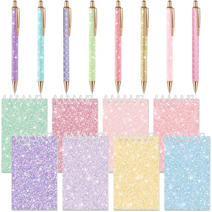 Sherr 16 Pcs Glitter Pens and Notebooks Set Mini Spiral Notepads Fancy Pens for Kids Girls Women Sparkly Sequins Journaling Ballpoint Christmas Birthday Gift Classroom Rewards(Light Color) - color: Light Color