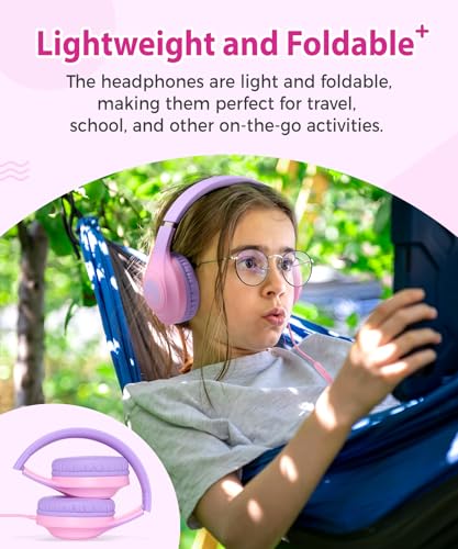 rockpapa Kids Headphones, Wired Headphones for Kids with Microphone, 85/94dB Volume Limiter Head Phones for Girls Boys, Foldable Headphone for School Tablet Laptop Purple Pink - color: Purple Pink