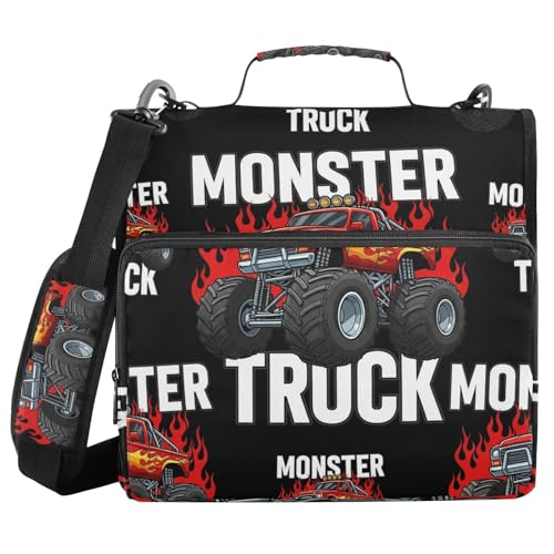 Gredecor 3 D-Ring Zipper Binder 1.5 IN Waterproof Monster Truck with Fire Black Binder with Zipper Shoulder Strap, Multi-Pockets Organizer Bag for School & Office Supplies, Storage 500 Sheets Capacity - color: Monster Truck With Fire Black