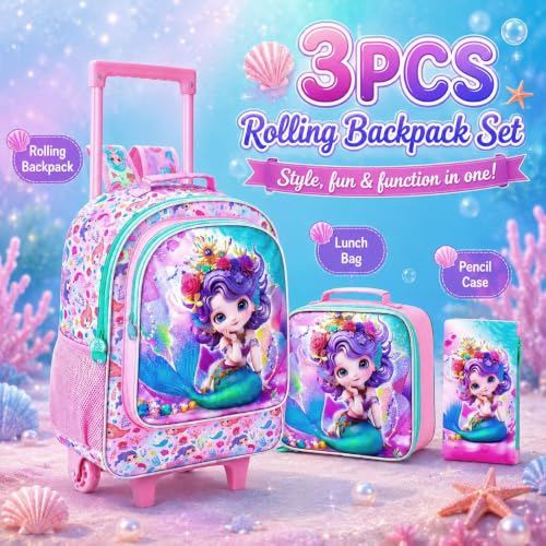 3Pcs Rolling Backpack for Girls, Kids Roller School Backpack with Wheels, Mermaid Wheeled Bookbag for Elementary Preschool Kindergarten(Pink) - color: Mermaid Pink