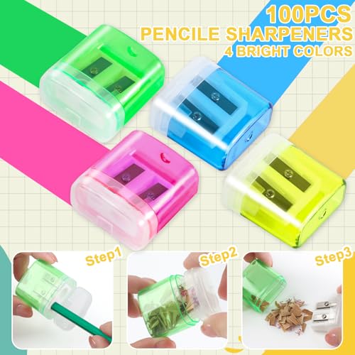 100 Piece Pencil Sharpeners Bulk, Manual Dual Holes Pencil Sharpeners for Kids, 4 Colorful Handheld Sharpeners with Lid Portable Compact for School Supplies Classroom Office Students Home