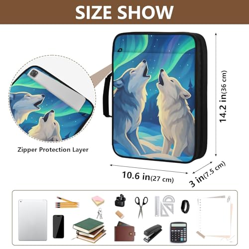 Heavy-Duty 3-Ring Binder Organizer Portfolio with 7-Pocket Expandable File Jacket Northern Lights Wolf Expandable Filing Folder with Mesh Storage Pouch