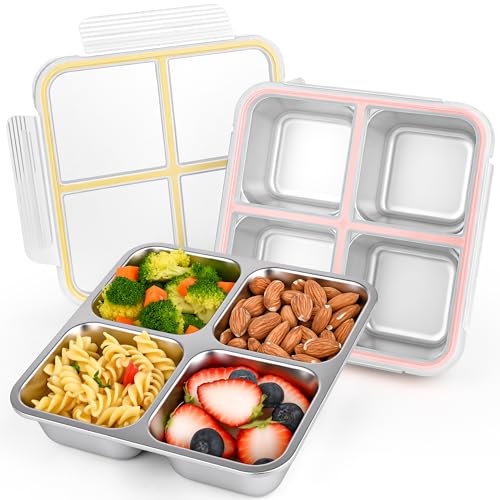 2 Pack Stainless Steel Snack Containers with Lids, Leakproof 4 Compartment Bento Lunch Boxes, Reusable Metal Meal Prep Food Storage Containers, Dishwasher Safe for Work, Travel, Picnic - color: 2-Red/Yellow