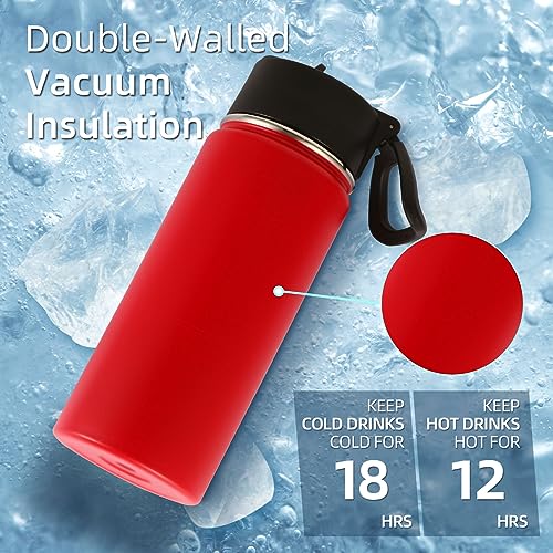 Volhoply Kids Insulated Water Bottle with Straw,16oz Stainless Steel Cold Water Bottles for School,BPA-Free Metal Wide Mouth Cups with Handle Lid,Reusable Double Wall Vacuum Sport Flask(Red,1) - color: Red