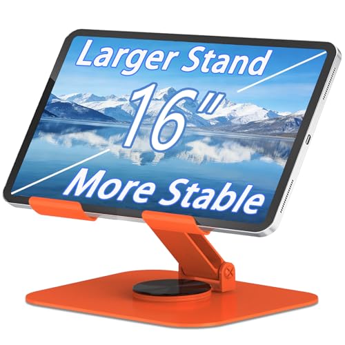 Large Metal Tablet Stand 360° Rotation for 4-16” Tablet, Orange | Suitable for All iPad Models, Stability Base, Fully Folded, Easy to Store and Carry, Wide Footrest, Heat Dissipation Design - color: Orange
