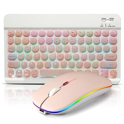 Bluetooth Keyboard and Mouse Combo for iPad - Rechargeable Wireless Keyboard & Mouse with 7-Color Backlit Compatible with iPad 9th/8th Gen, iPad Pro/Air/Mini, iPhone14/13/12 Pro, Round Keys Pink - color: pink