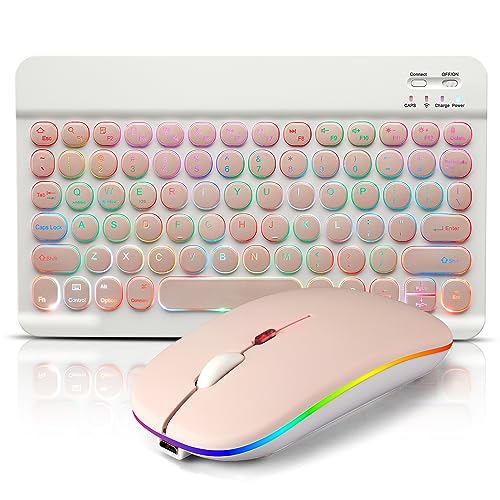 Bluetooth Keyboard and Mouse Combo for iPad - Rechargeable Wireless Keyboard & Mouse with 7-Color Backlit Compatible with iPad 9th/8th Gen, iPad Pro/Air/Mini, iPhone14/13/12 Pro, Round Keys Pink - color: pink