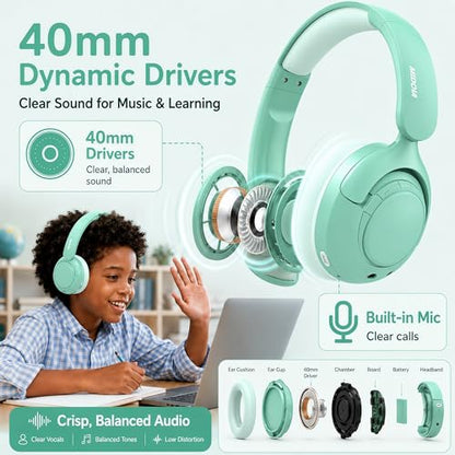 MIDOLA Kids Bluetooth Headphones Active Noise Cancelling Lightweight Wireless Headphone for Kid Volume Limited 85/94dB Foldable Over-Ear Headset with Mic,68 Hours Playtime,for Toddler Child Green - color: Mint Green