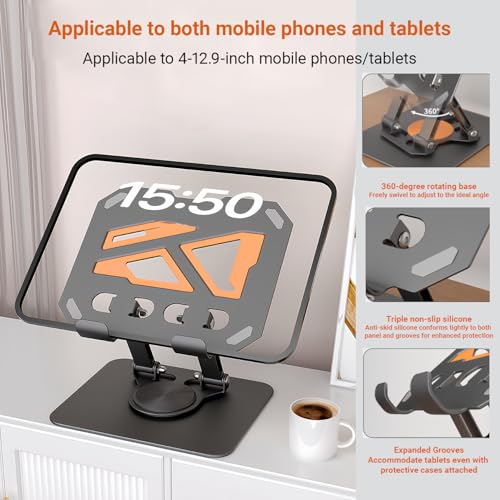 360° Swivel Tablet Stand for iPad, Adjustable Height & Angle Ergonomic Holder, Foldable Portable Desktop Mount for 4-12.9 inch Tablets & Phones, Non-Slip Base with Heat Vent - color: white
